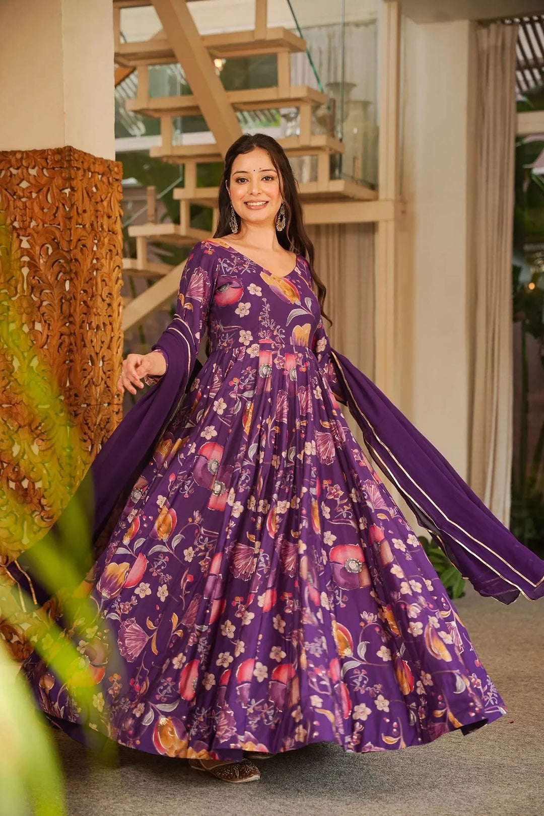 Purple Color Glorious Readymade Royon Gown With Dupatta