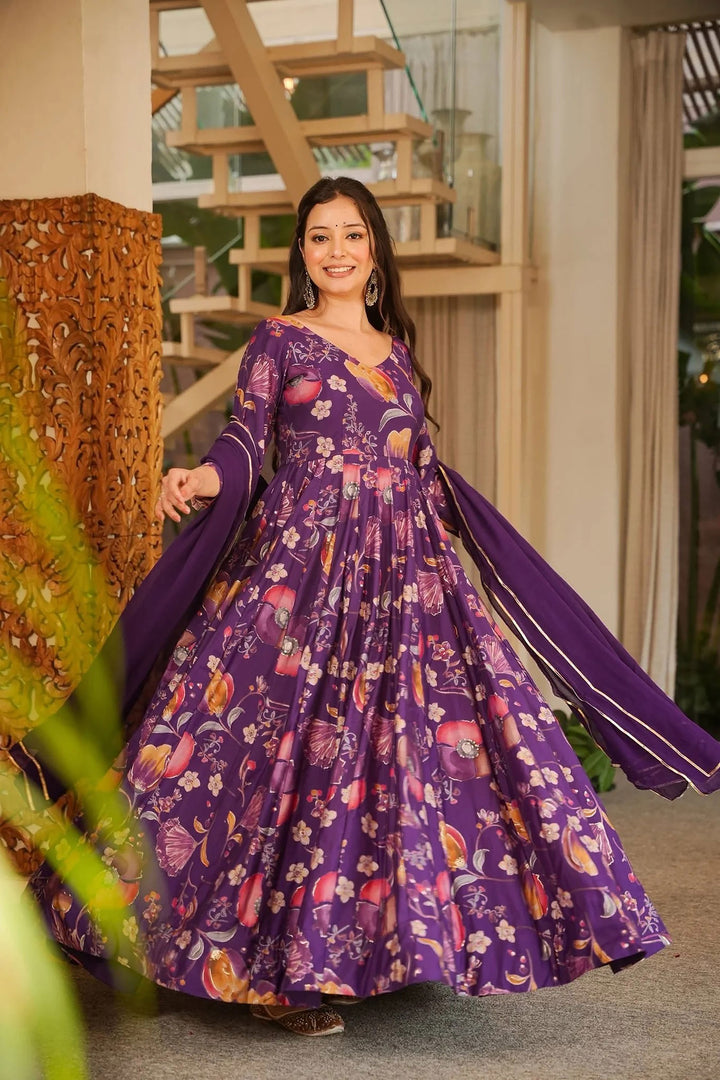 Purple Color Glorious Readymade Royon Gown With Dupatta