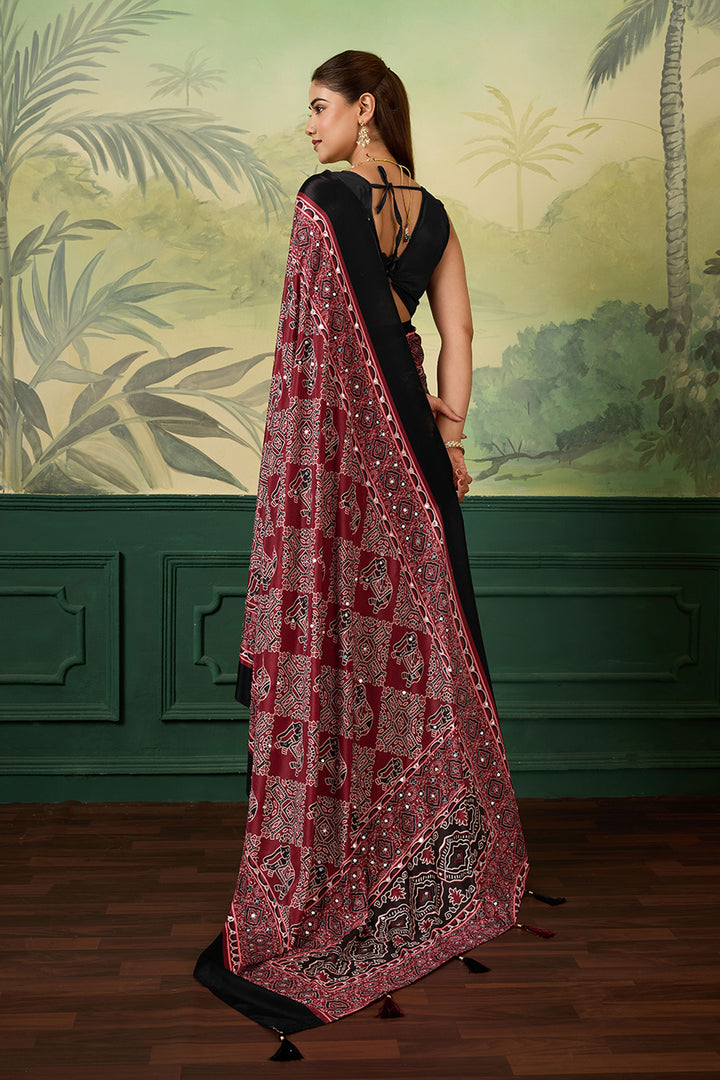 Glorious Maroon Chinon Silk Printed Saree
