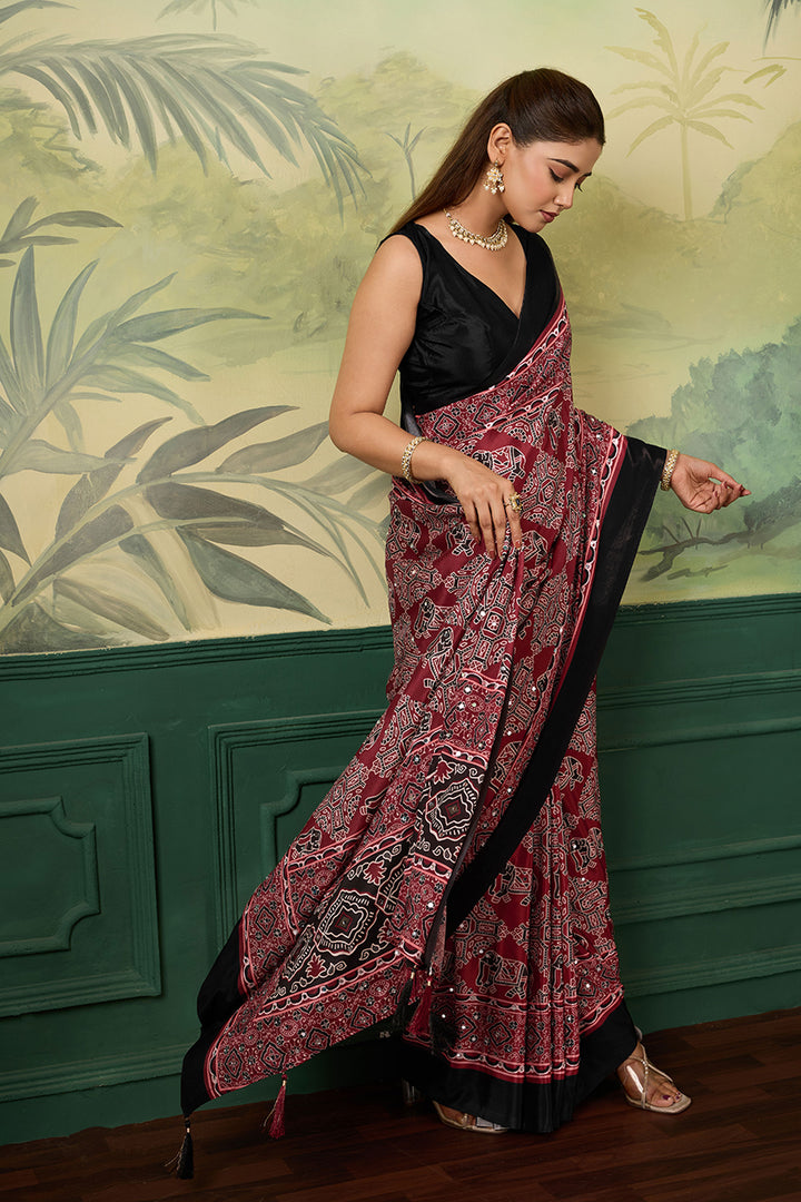 Glorious Maroon Chinon Silk Printed Saree