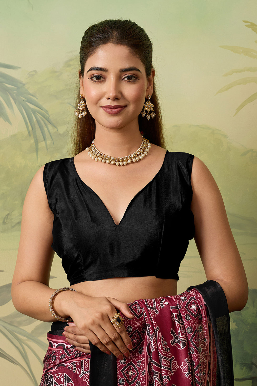Glorious Maroon Chinon Silk Printed Saree