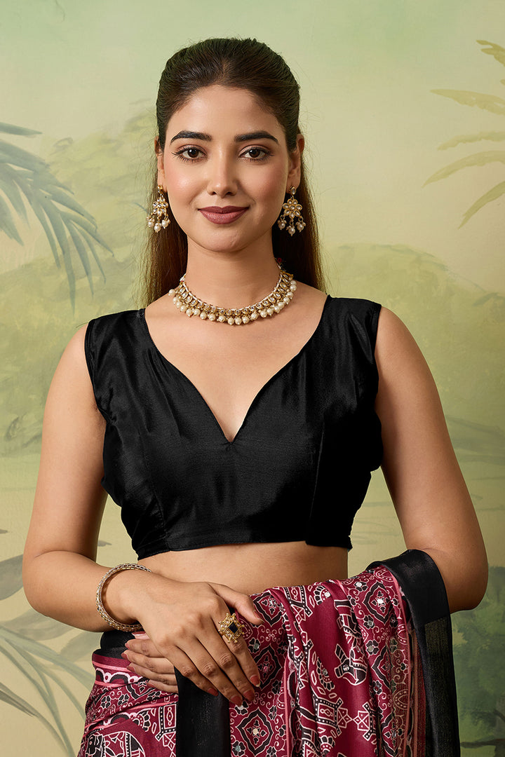 Glorious Maroon Chinon Silk Printed Saree