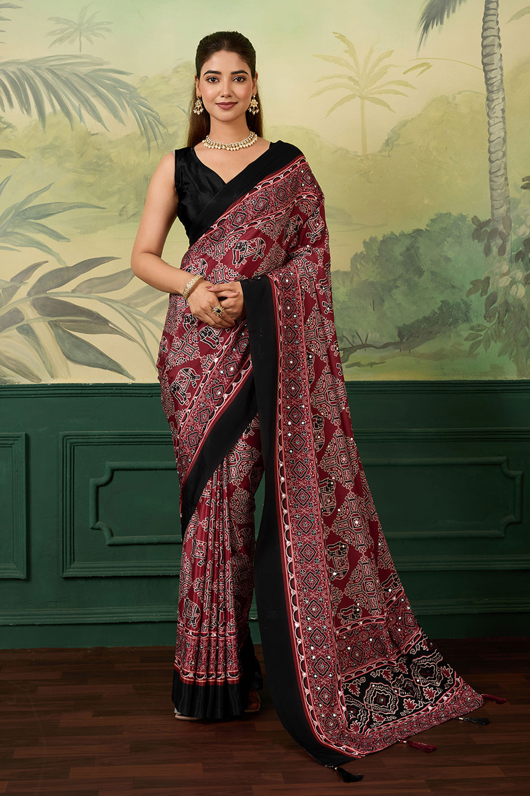 Glorious Maroon Chinon Silk Printed Saree
