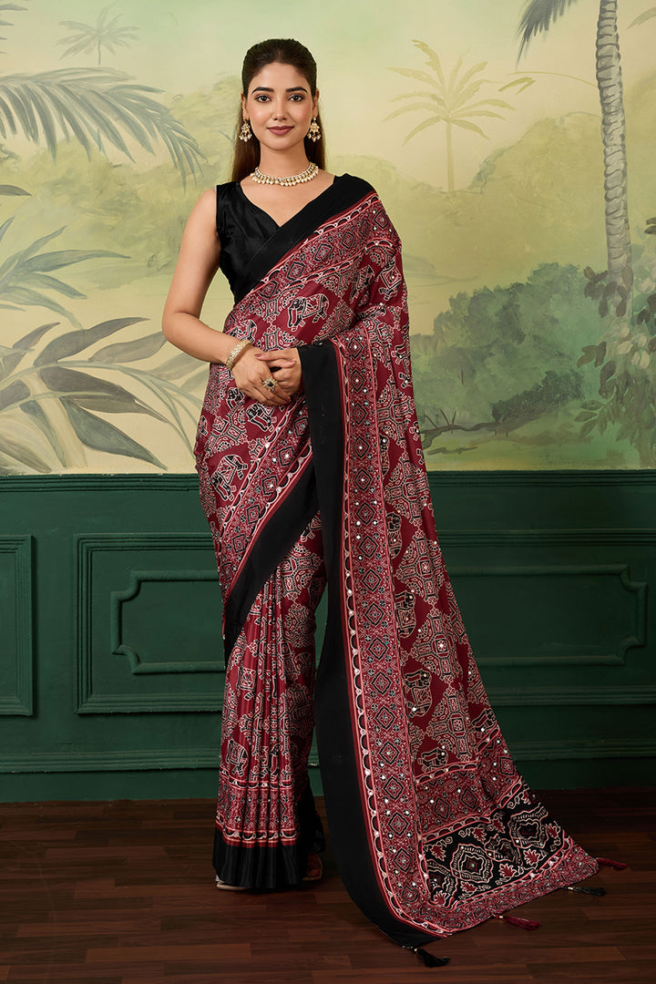 Glorious Maroon Chinon Silk Printed Saree