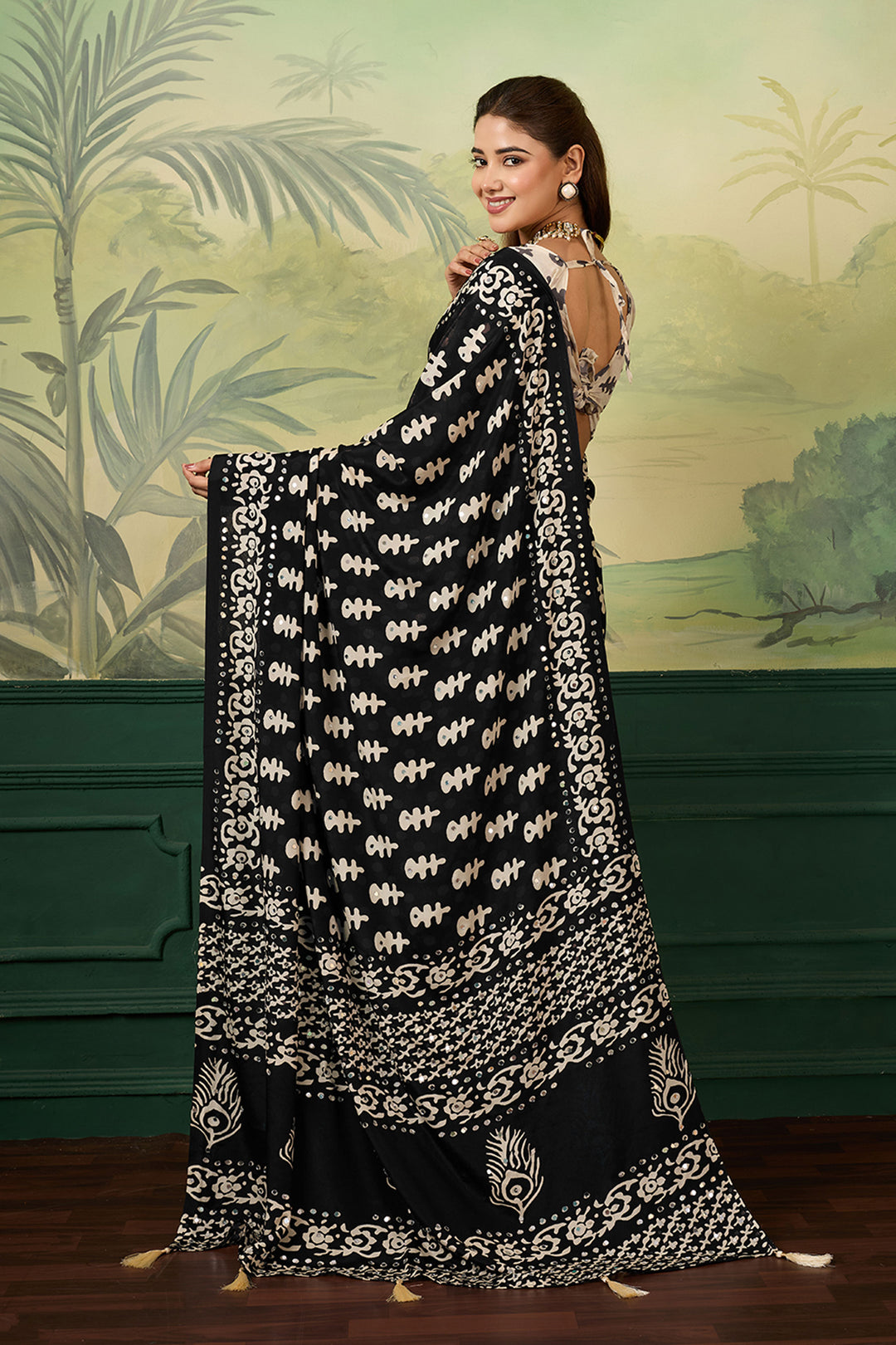 Attractive Black Chinon Silk Printed Saree