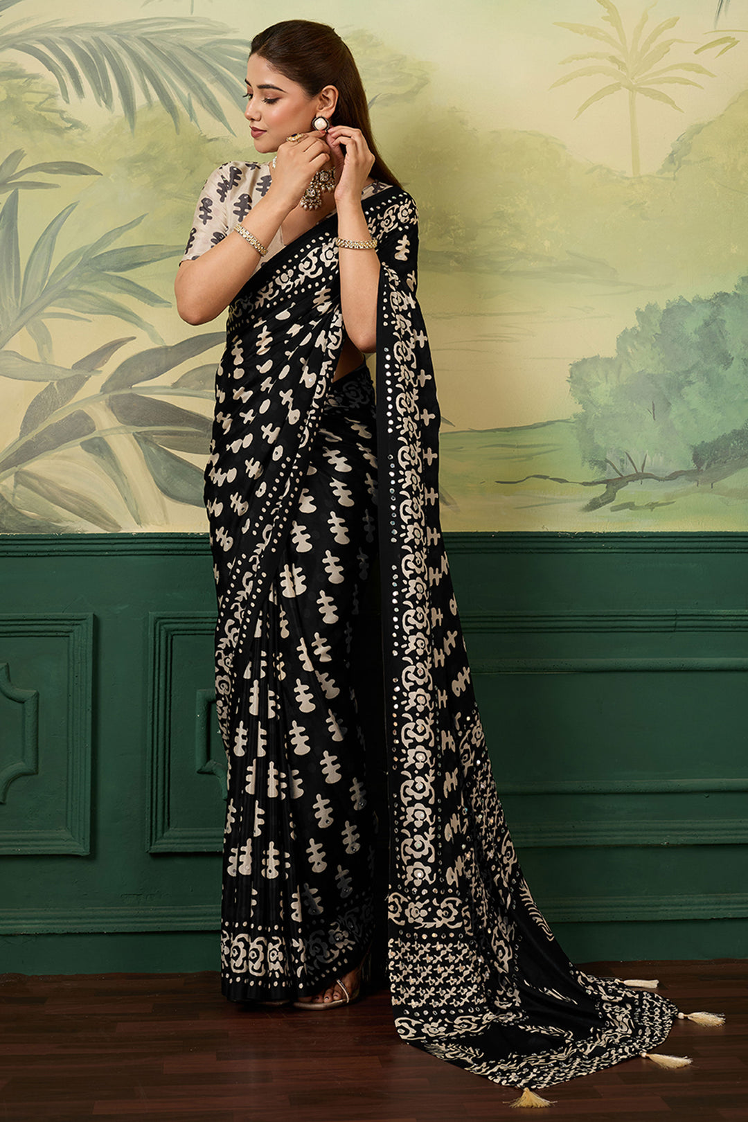 Attractive Black Chinon Silk Printed Saree