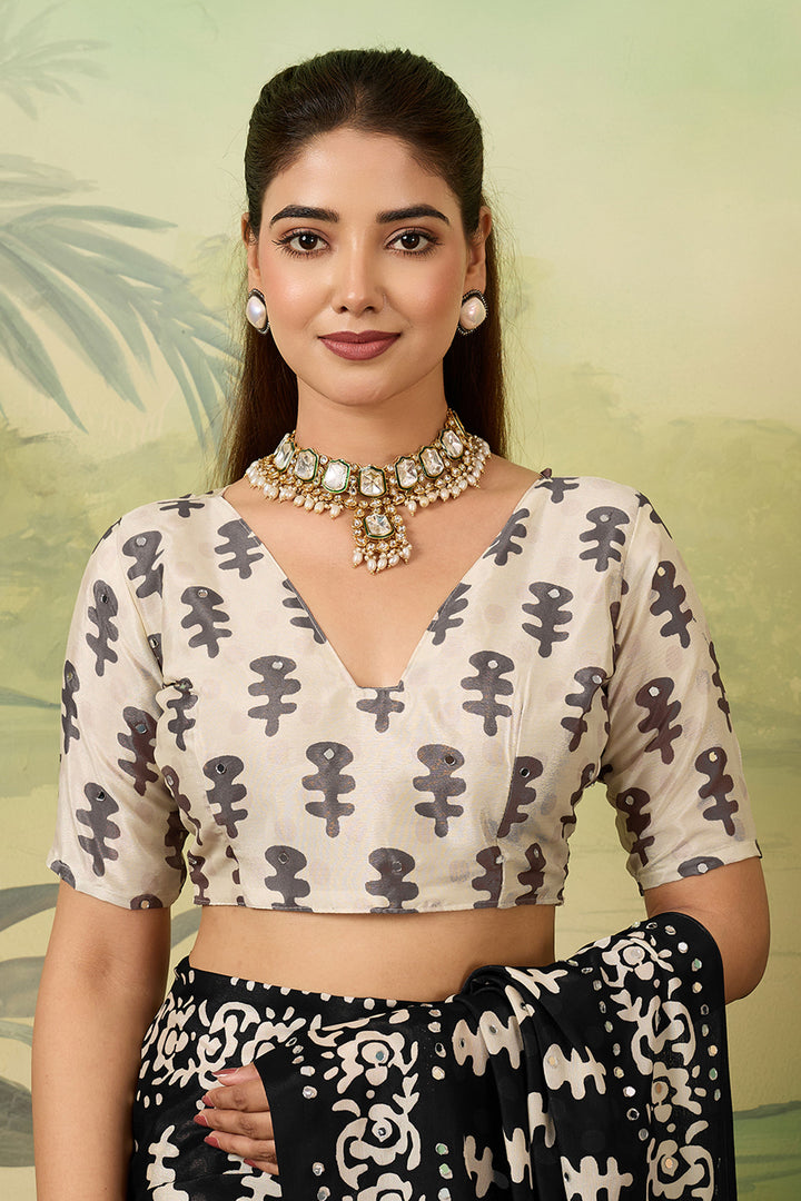 Attractive Black Chinon Silk Printed Saree