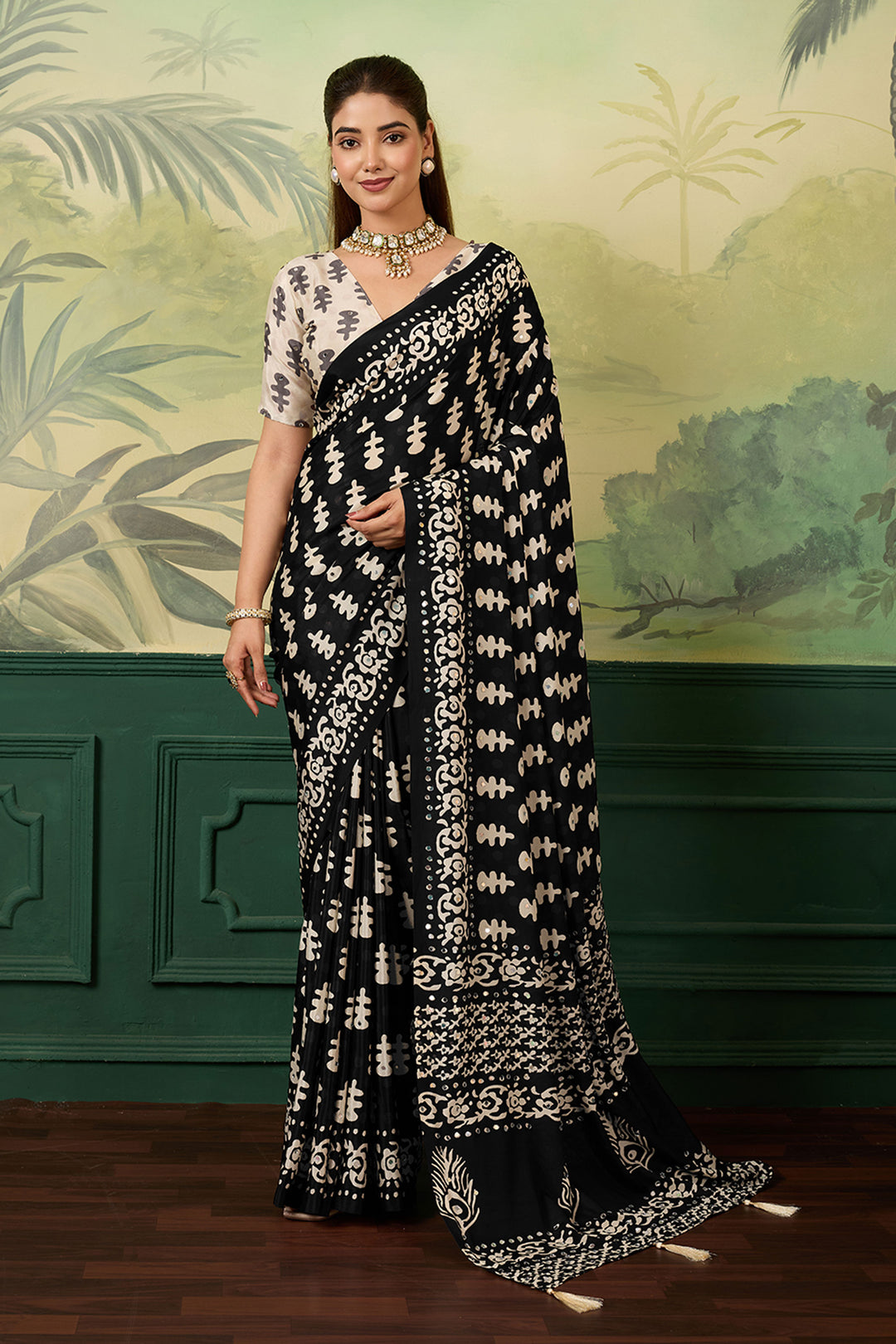 Attractive Black Chinon Silk Printed Saree