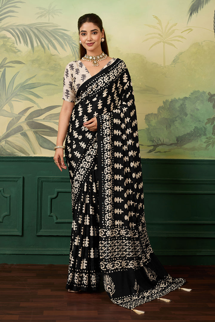 Attractive Black Chinon Silk Printed Saree