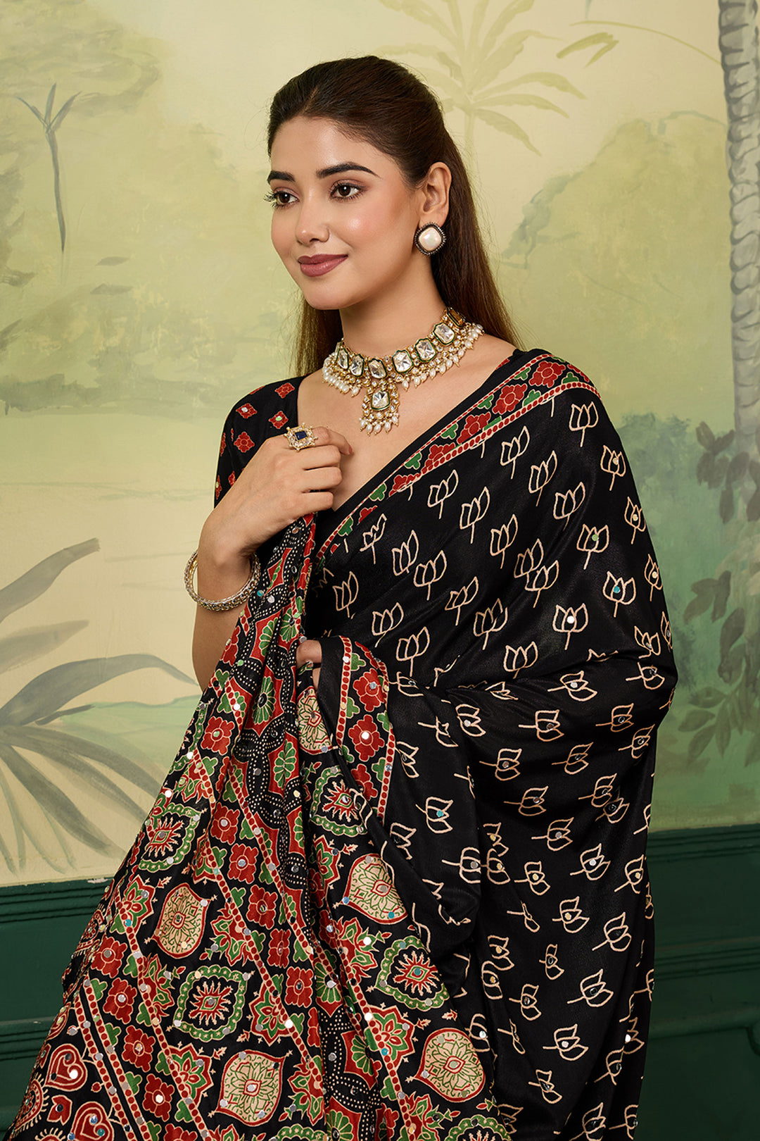 Graceful Black Chinon Silk Printed Saree