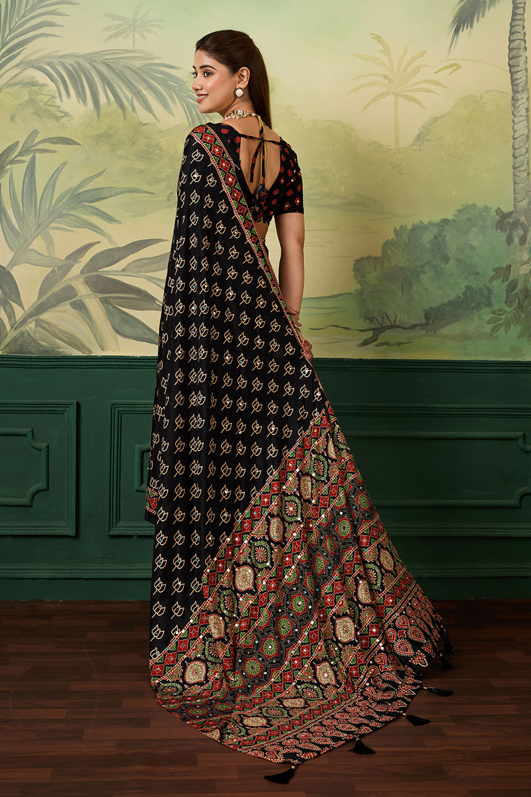 Graceful Black Chinon Silk Printed Saree