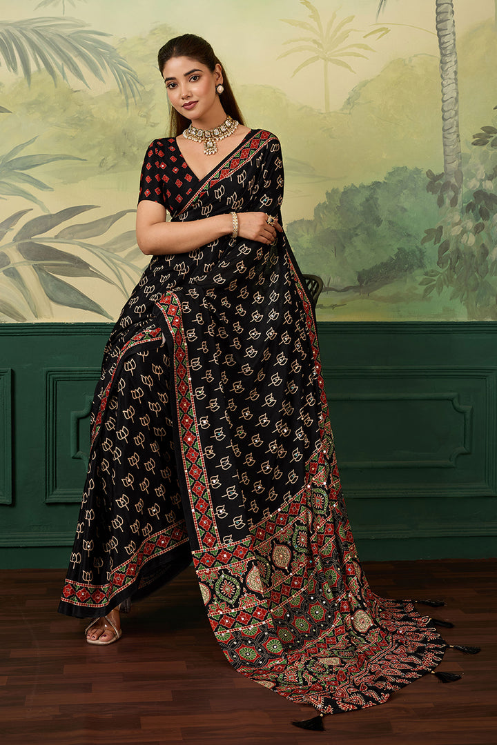 Graceful Black Chinon Silk Printed Saree