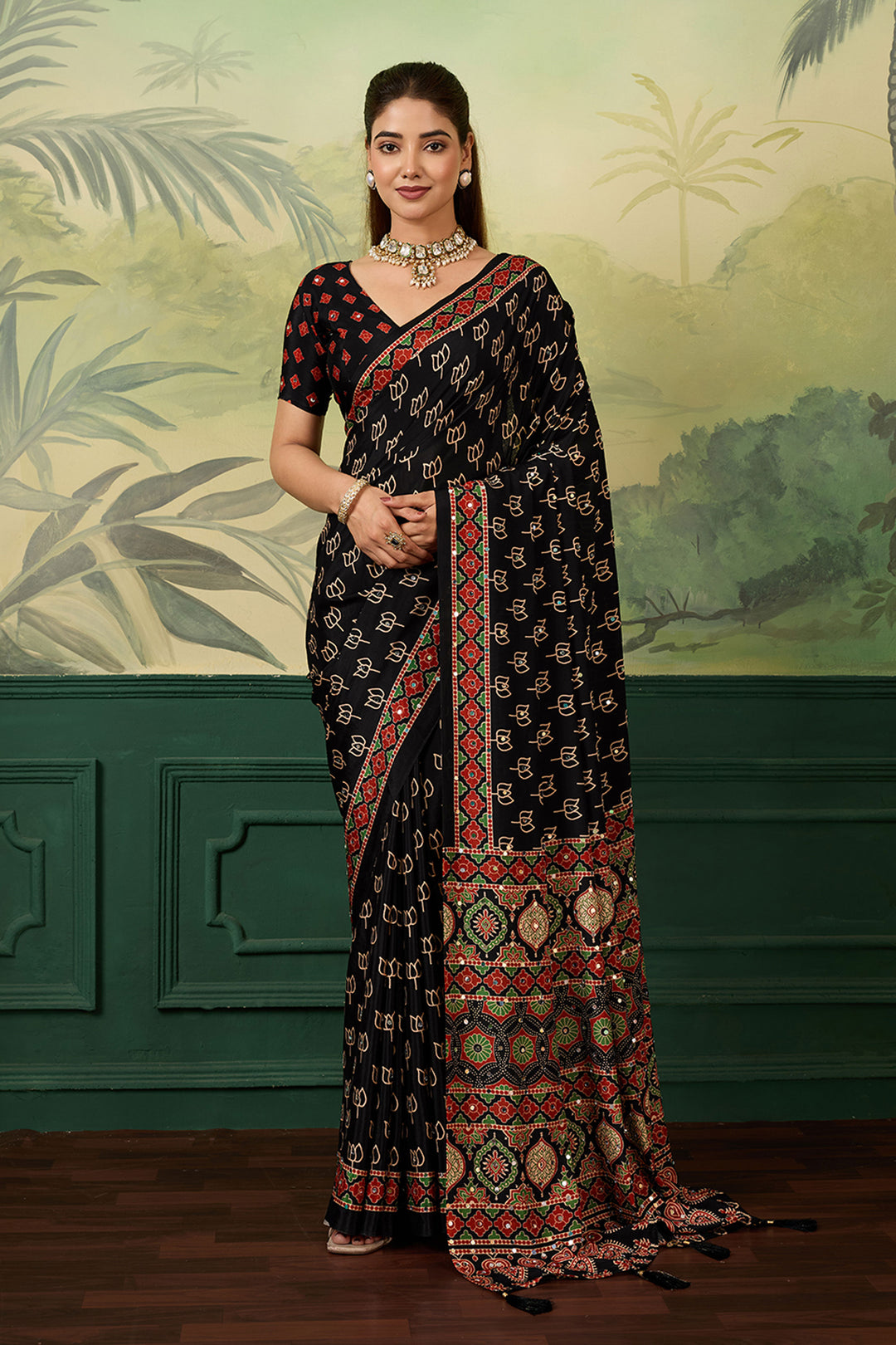Graceful Black Chinon Silk Printed Saree
