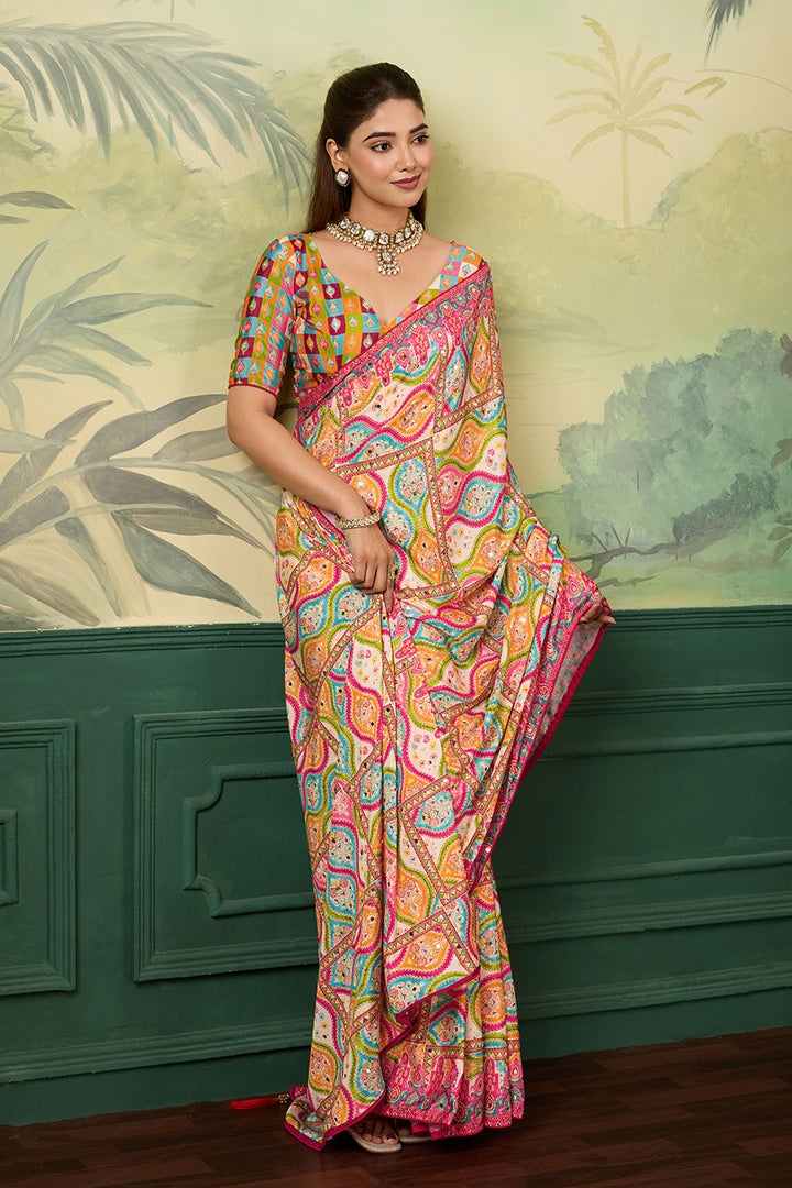 Attrective Crepe Silk Fabric Multi Color Printed Saree