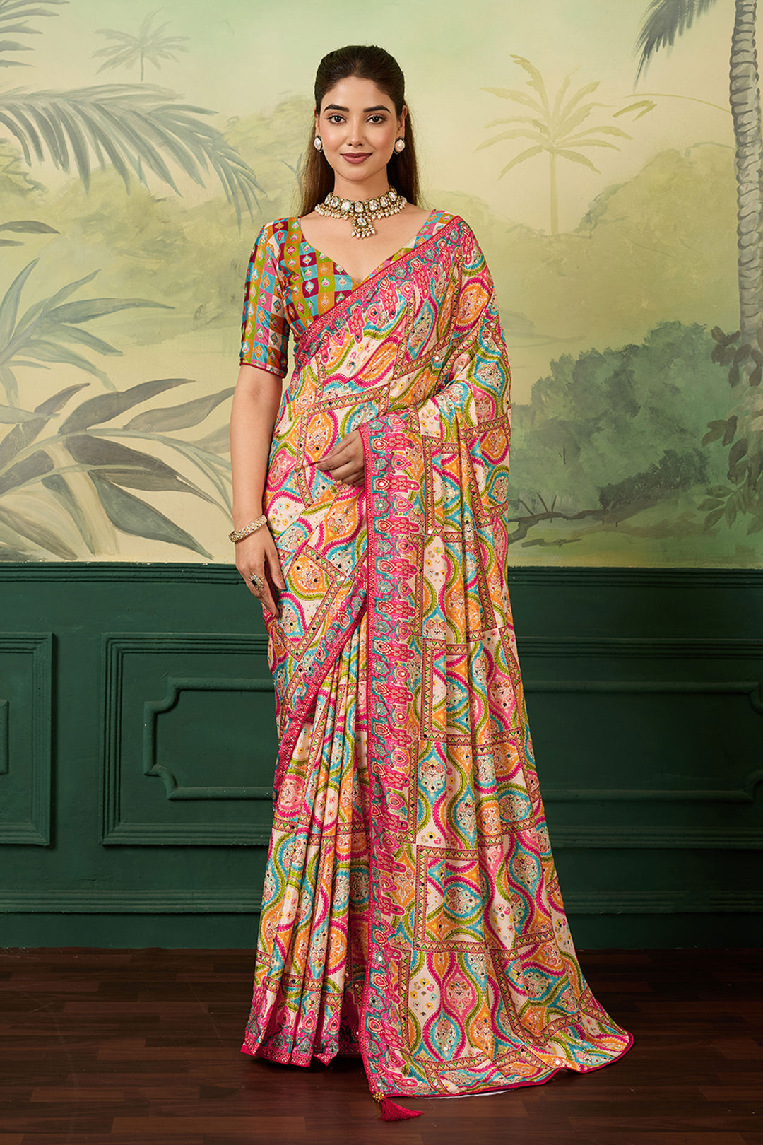 Attrective Crepe Silk Fabric Multi Color Printed Saree