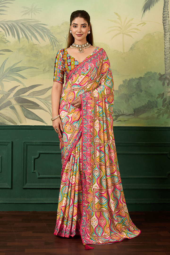 Attrective Crepe Silk Fabric Multi Color Printed Saree