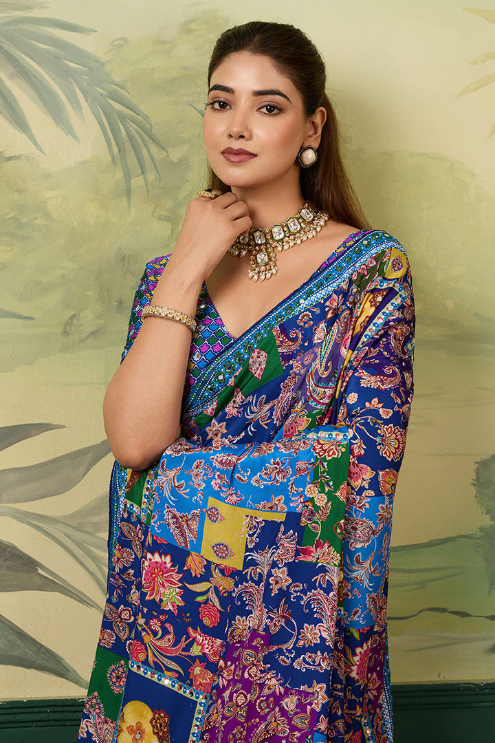 Crepe Silk Fabric Blue Color Amazing Printed Saree