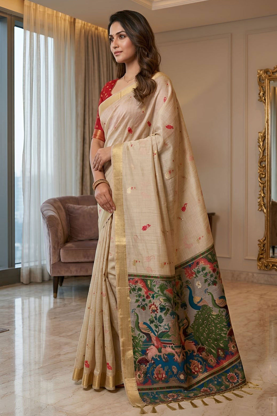 Cream Color Cotton Silk Fabric Engaging Kalamkari Saree