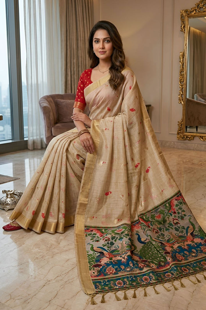 Cream Color Cotton Silk Fabric Engaging Kalamkari Saree