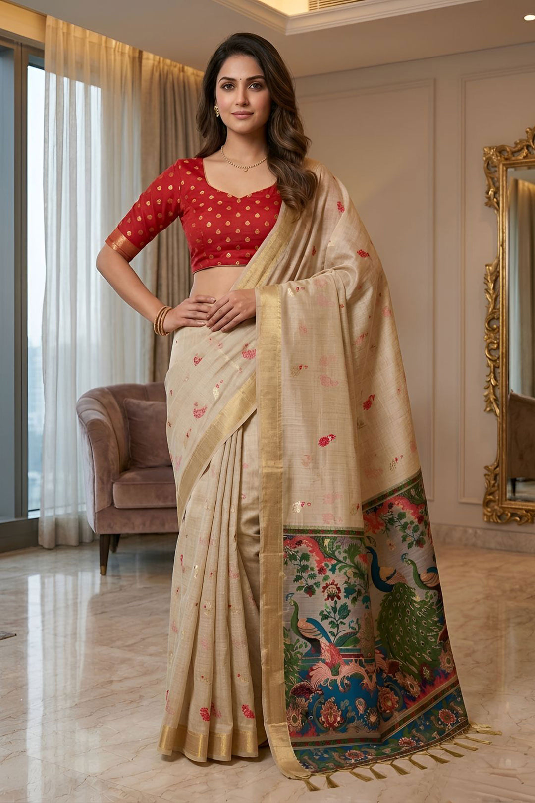 Cream Color Cotton Silk Fabric Engaging Kalamkari Saree