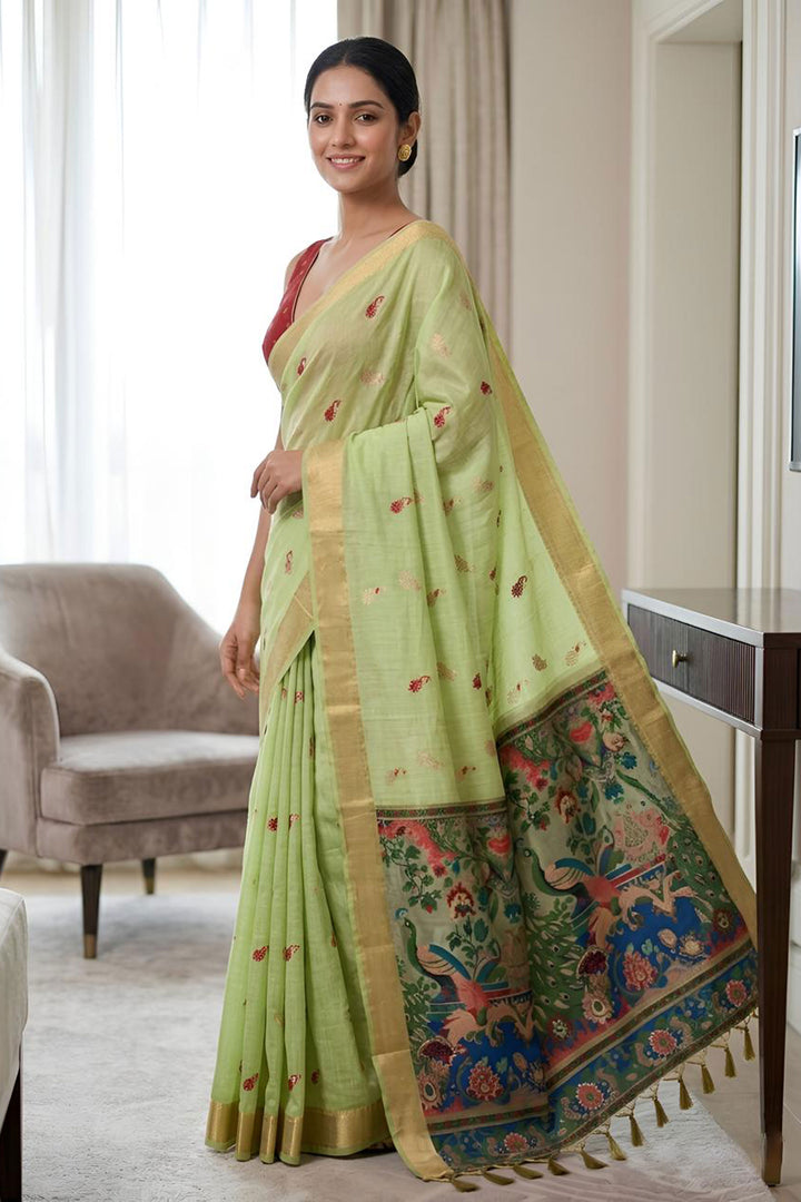 Green Color Sober Kalamkari Saree In Cotton Silk Fabric
