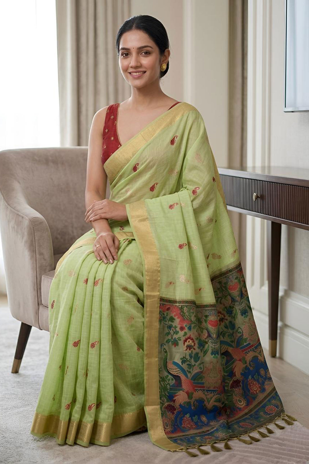 Green Color Sober Kalamkari Saree In Cotton Silk Fabric