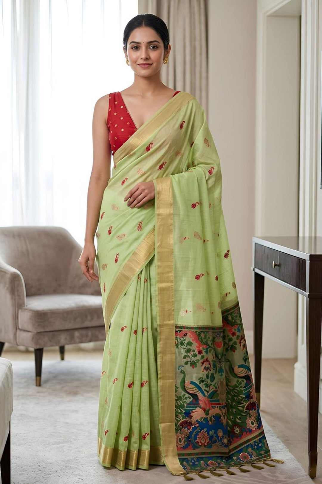 Green Color Sober Kalamkari Saree In Cotton Silk Fabric