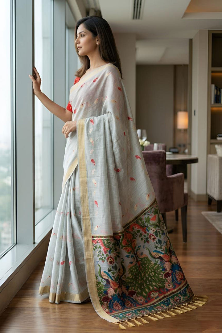 Excellent Cotton Silk Fabric Grey Color Kalamkari Saree