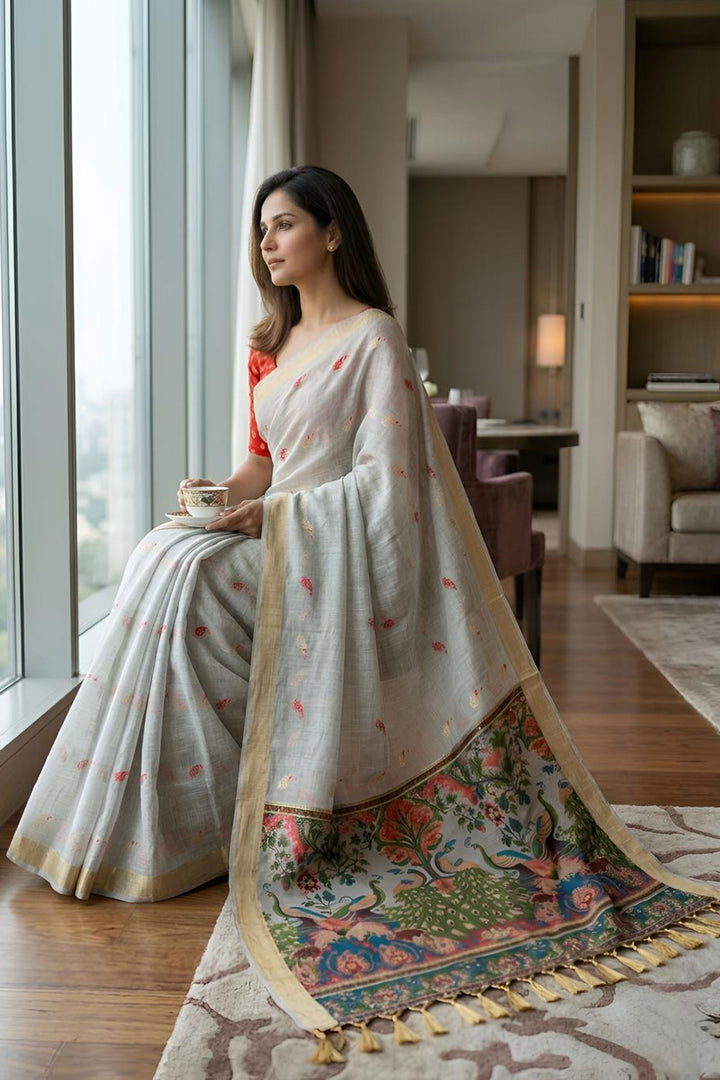 Excellent Cotton Silk Fabric Grey Color Kalamkari Saree
