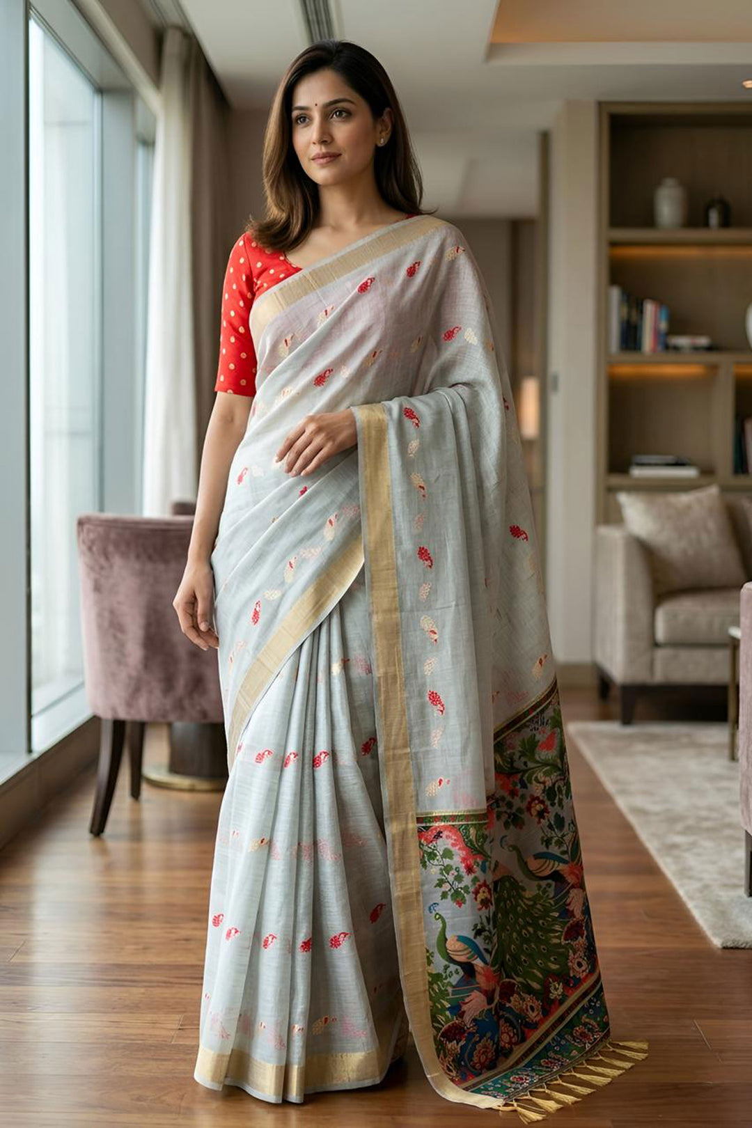 Excellent Cotton Silk Fabric Grey Color Kalamkari Saree
