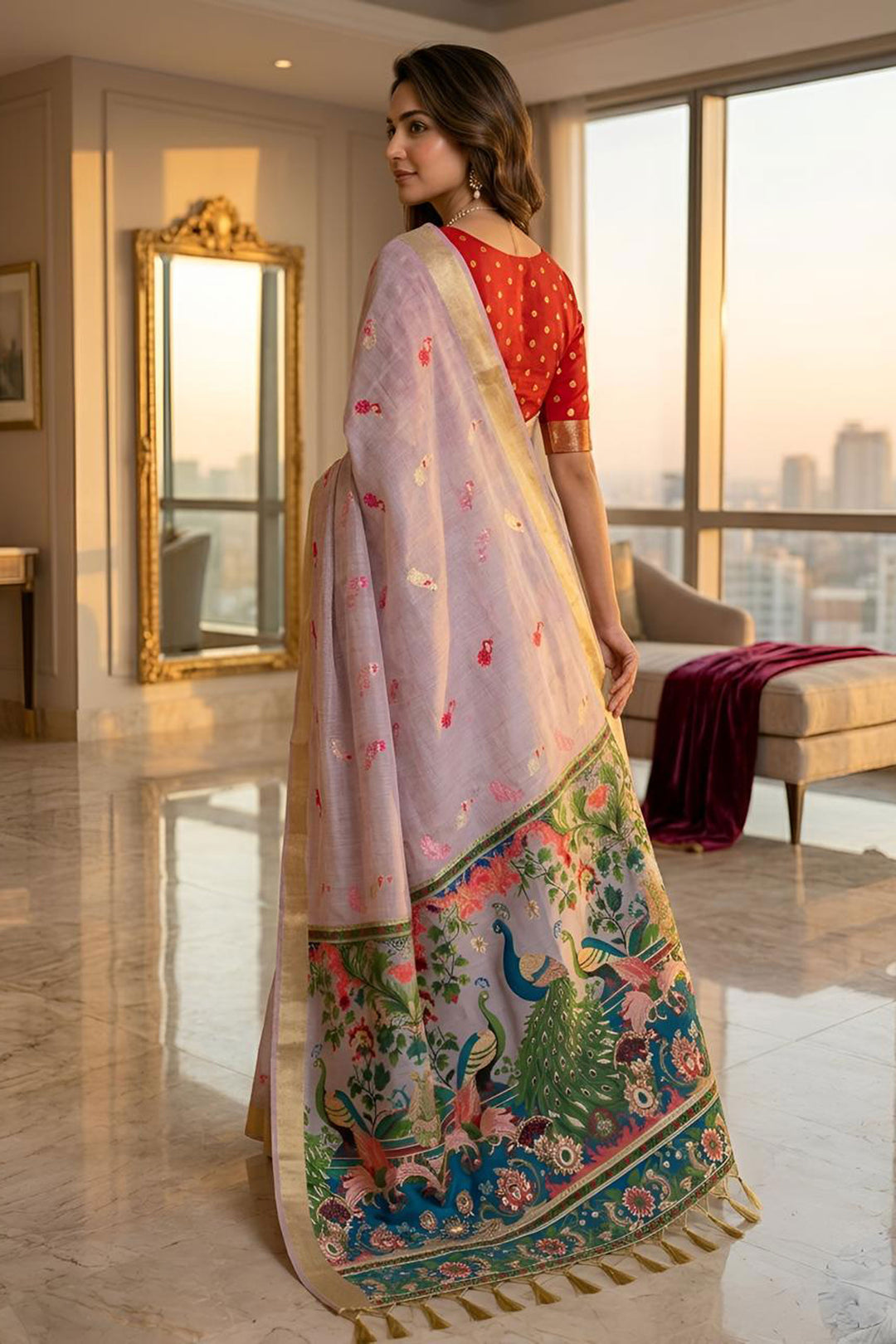 Lavender Color Cotton Silk Fabric Stunning Kalamkari Saree