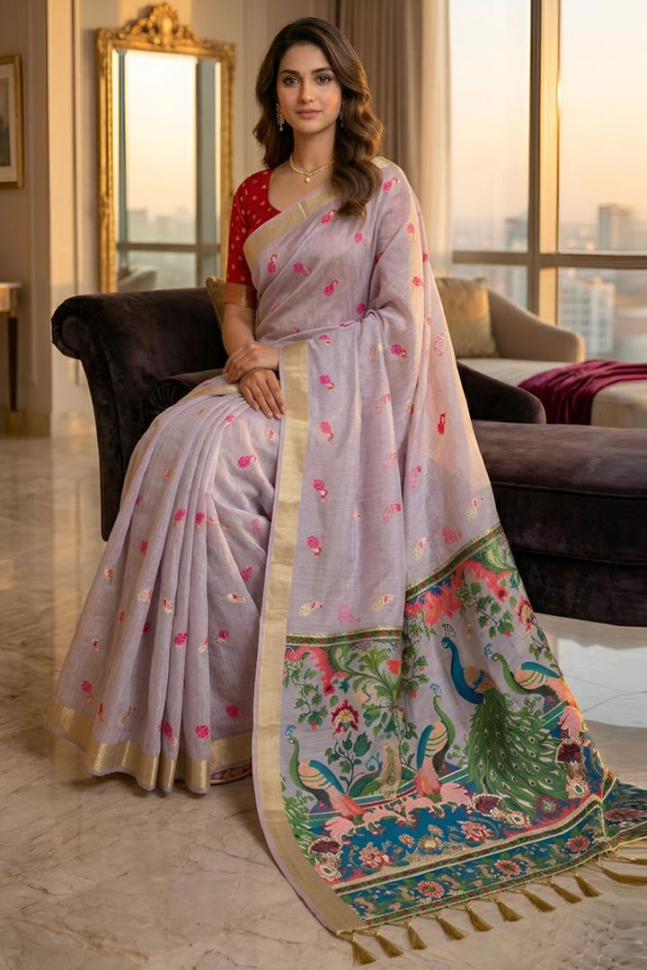 Lavender Color Cotton Silk Fabric Stunning Kalamkari Saree