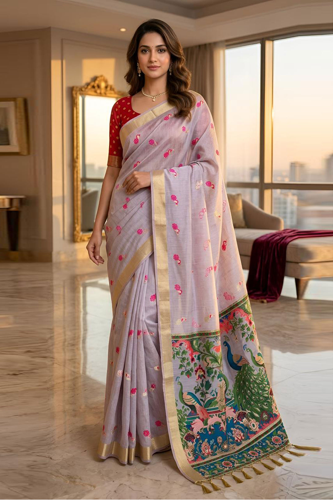 Lavender Color Cotton Silk Fabric Stunning Kalamkari Saree