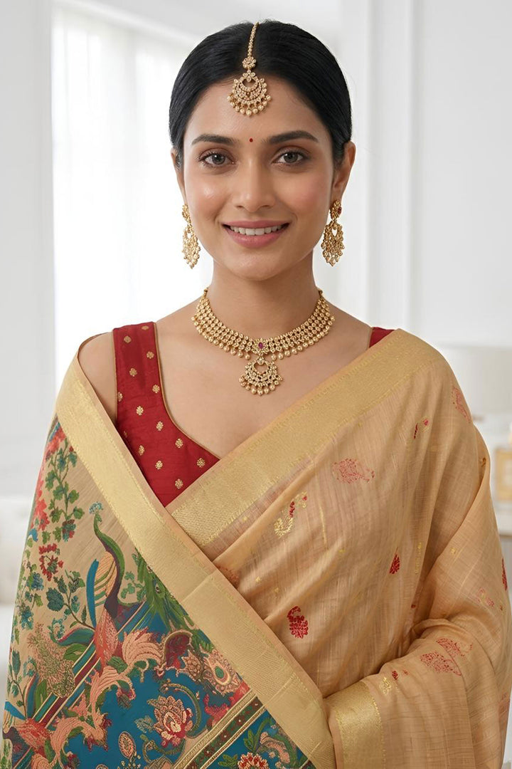 Beguiling Orange Color Cotton Silk Fabric Kalamkari Saree