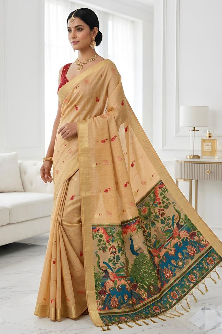 Beguiling Orange Color Cotton Silk Fabric Kalamkari Saree