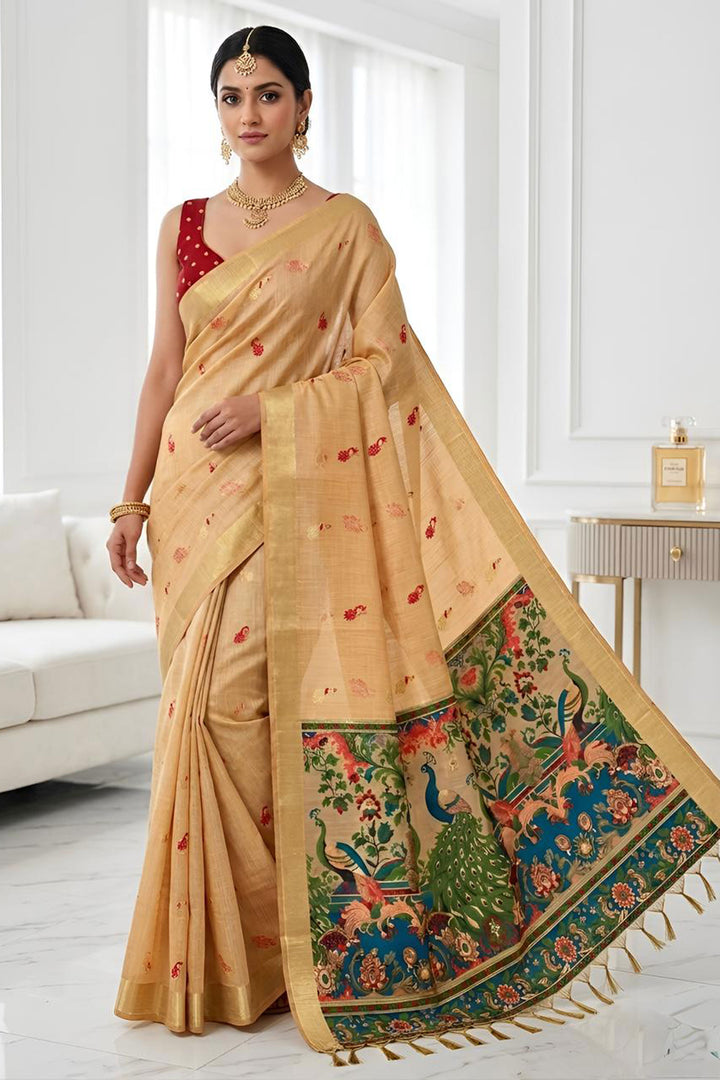Beguiling Orange Color Cotton Silk Fabric Kalamkari Saree