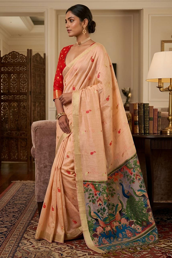 Tempting Cotton Silk Fabric Peach Color Kalamkari Saree