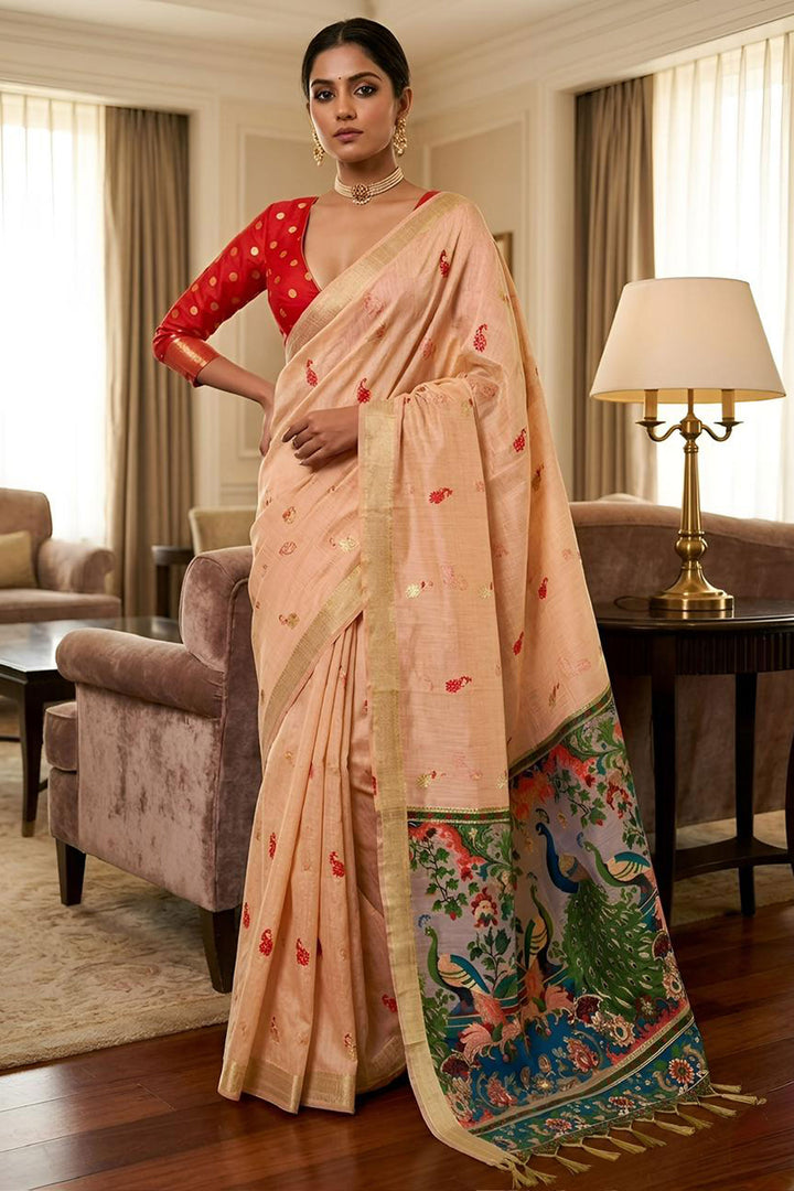 Tempting Cotton Silk Fabric Peach Color Kalamkari Saree