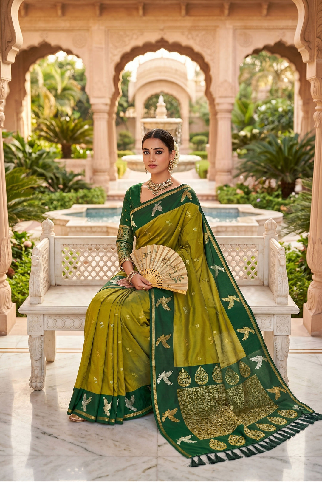 Engaging Green Color Silk Saree With Weaving Work