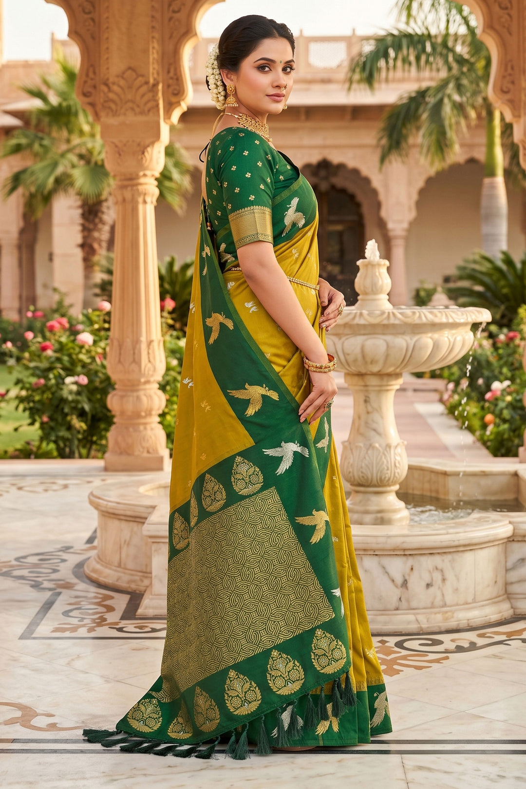 Engaging Green Color Silk Saree With Weaving Work