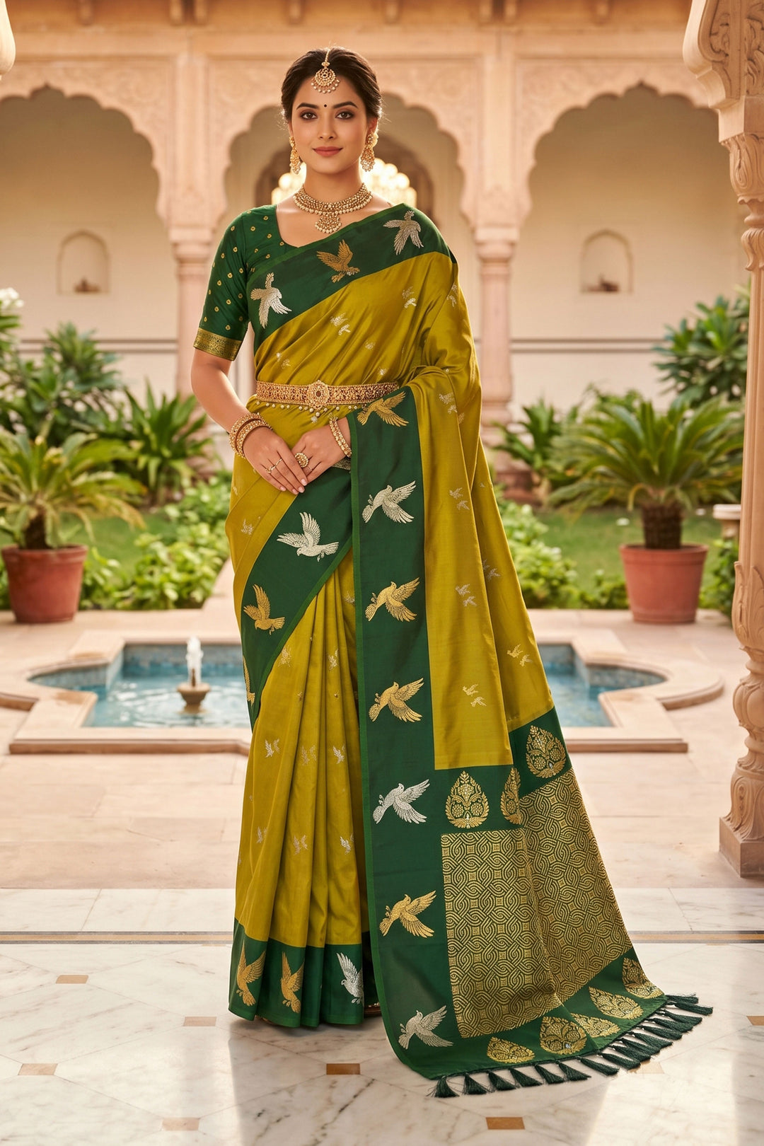Engaging Green Color Silk Saree With Weaving Work