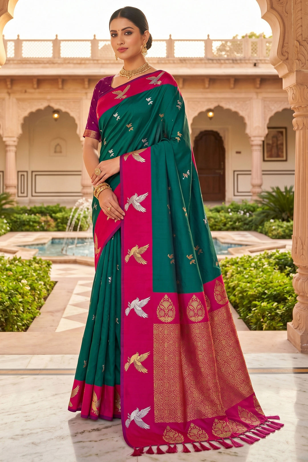 Trendy Green Color Silk Saree With Weaving Work