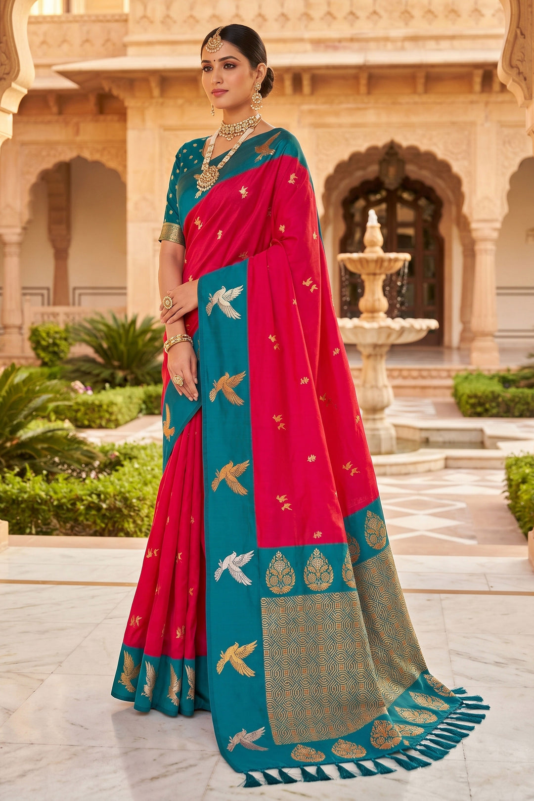 Pink Color Weaving Work Chic Silk Saree