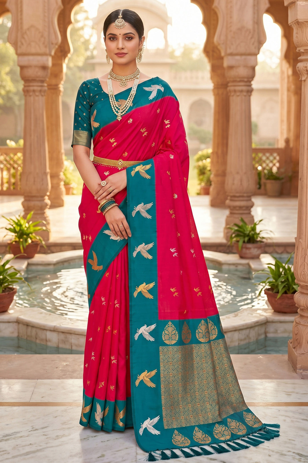 Pink Color Weaving Work Chic Silk Saree