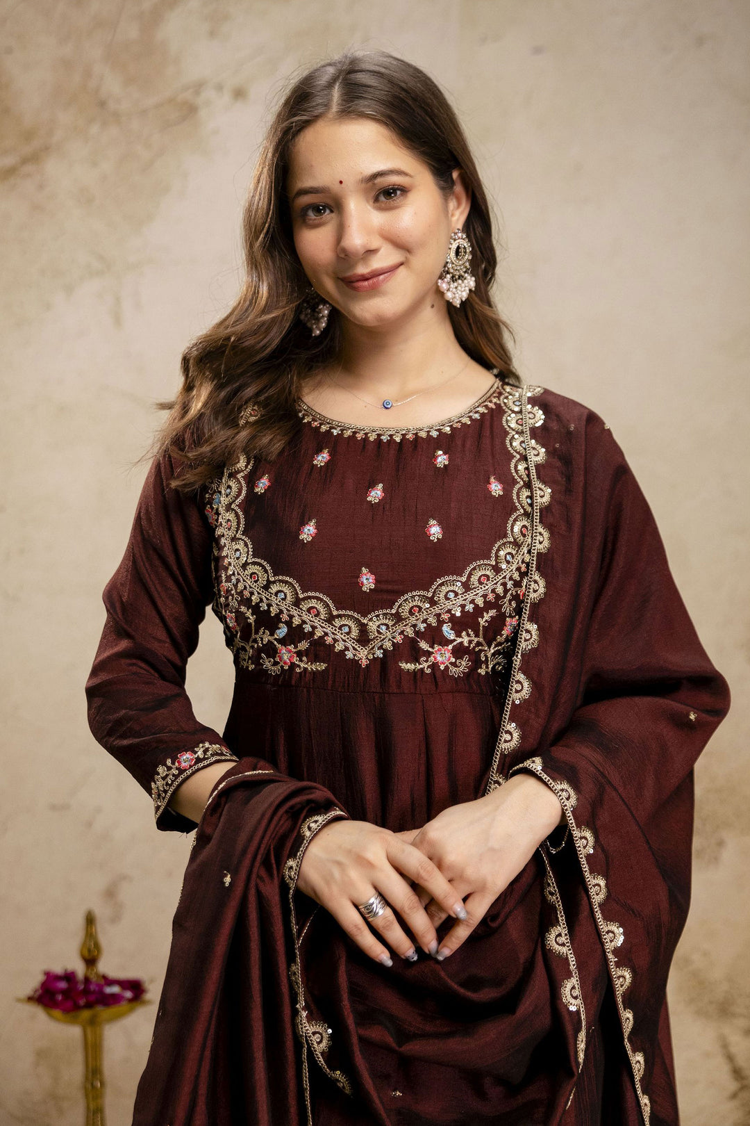 Brown Color Art Silk Engaging Readymade Salwar Suit