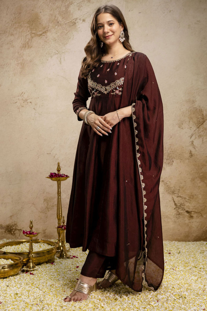 Brown Color Art Silk Engaging Readymade Salwar Suit