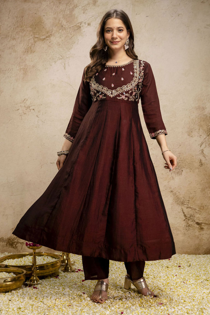 Brown Color Art Silk Engaging Readymade Salwar Suit
