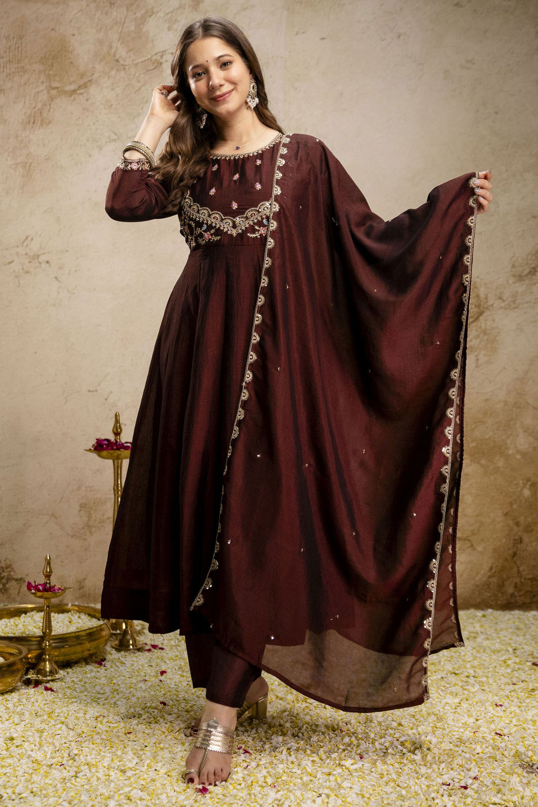 Brown Color Art Silk Engaging Readymade Salwar Suit