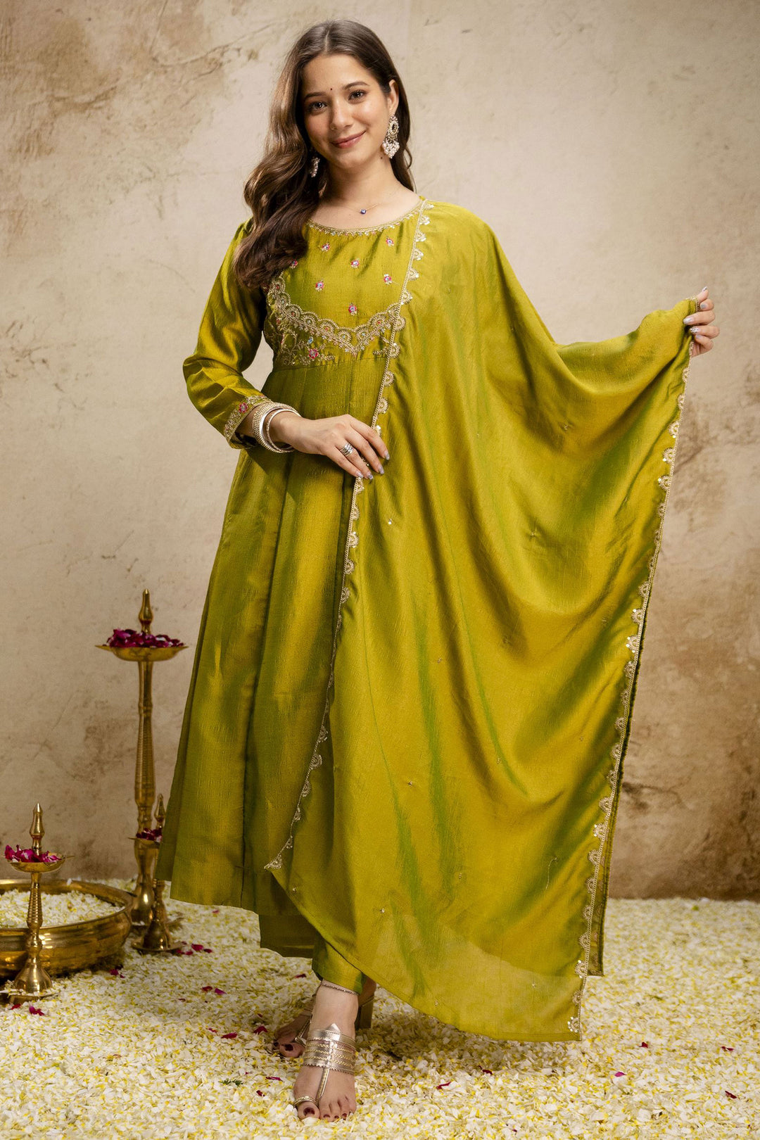 Green Color Sober Art Silk Readymade Salwar Suit