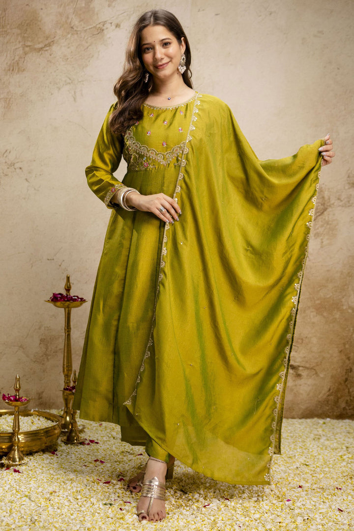 Green Color Sober Art Silk Readymade Salwar Suit
